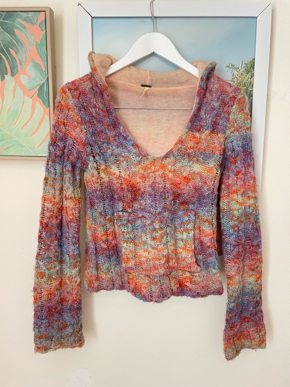 Free People Vintage Y2K Rainbow Cable Knit Sweater Pullover Hoodie Small
